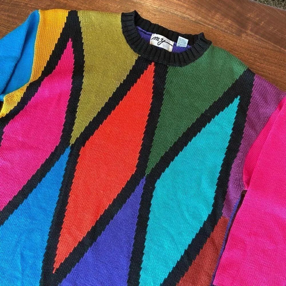 VTG 80s 90s Abstract Geometric Oversized Sweater Colorblock Coogi Style M